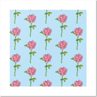 Beautiful pattern | Pink rose with blue background Posters and Art